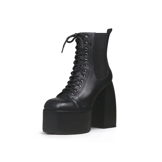 Black Lace-Up Thick Heel Platform Boots-1