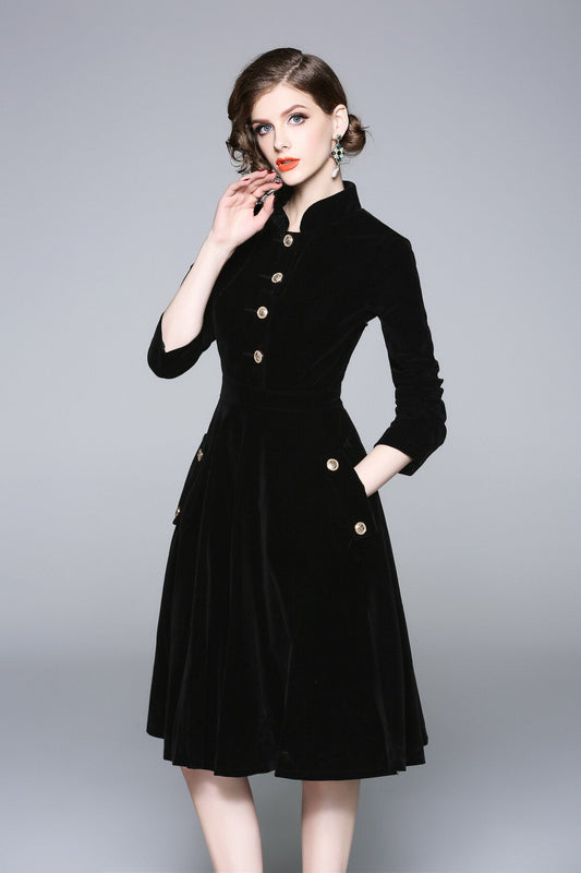 Black Velvet Vintage Stand Collar Fit and Flare Dress-1