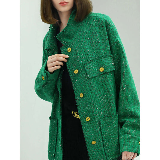 Emerald Green Single Breasted Tweed Coat with Gold Buttons-1