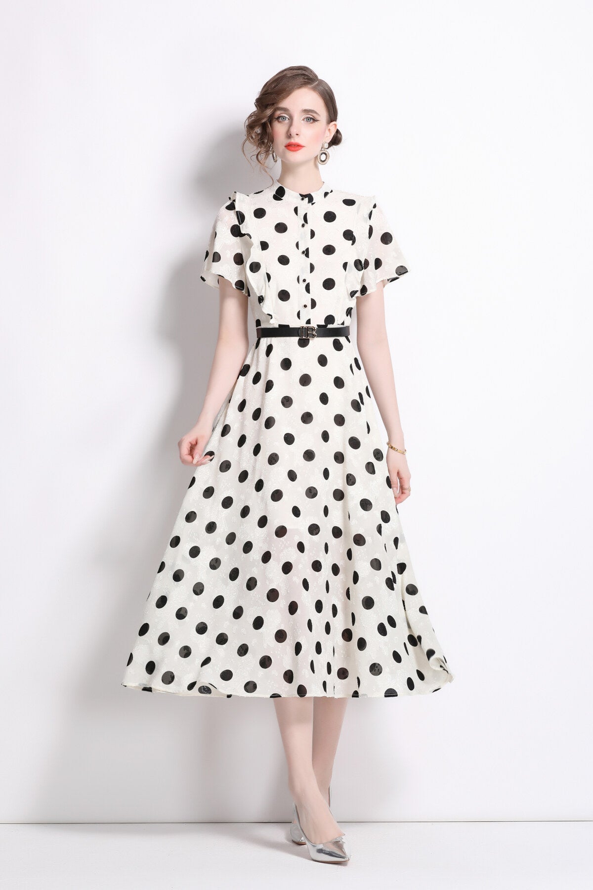 French Polka Dot Print Stand Collar Midi A Line Dress-4