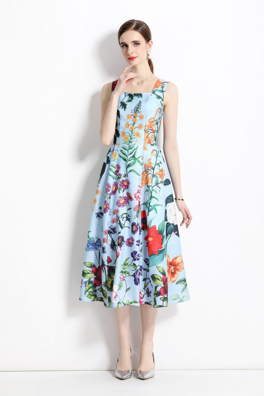 French Vintage Blue Floral High Waist Thick Strap Dress-1