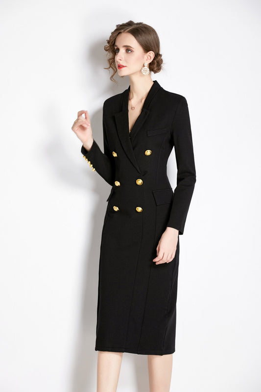 Gold Double Breasted Black Midi Blazer Dress-1