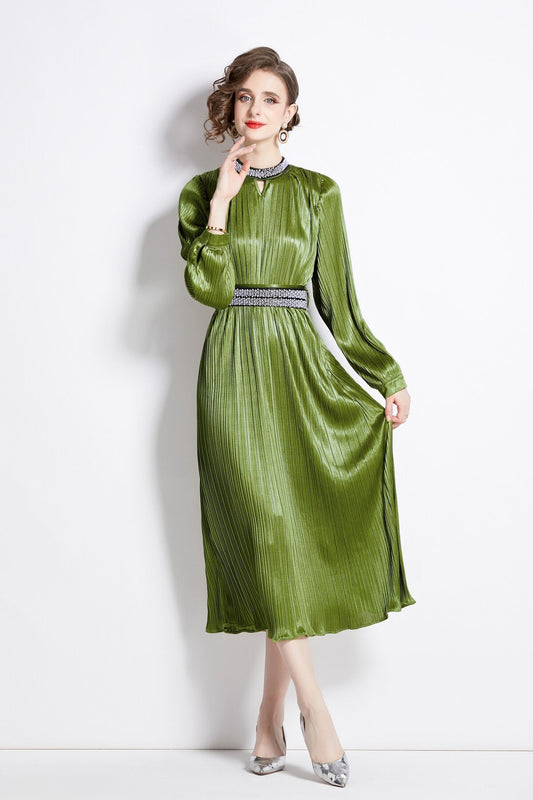 Lantern Sleeve Waist Tie Heavily Beaded Pleated Dress-1