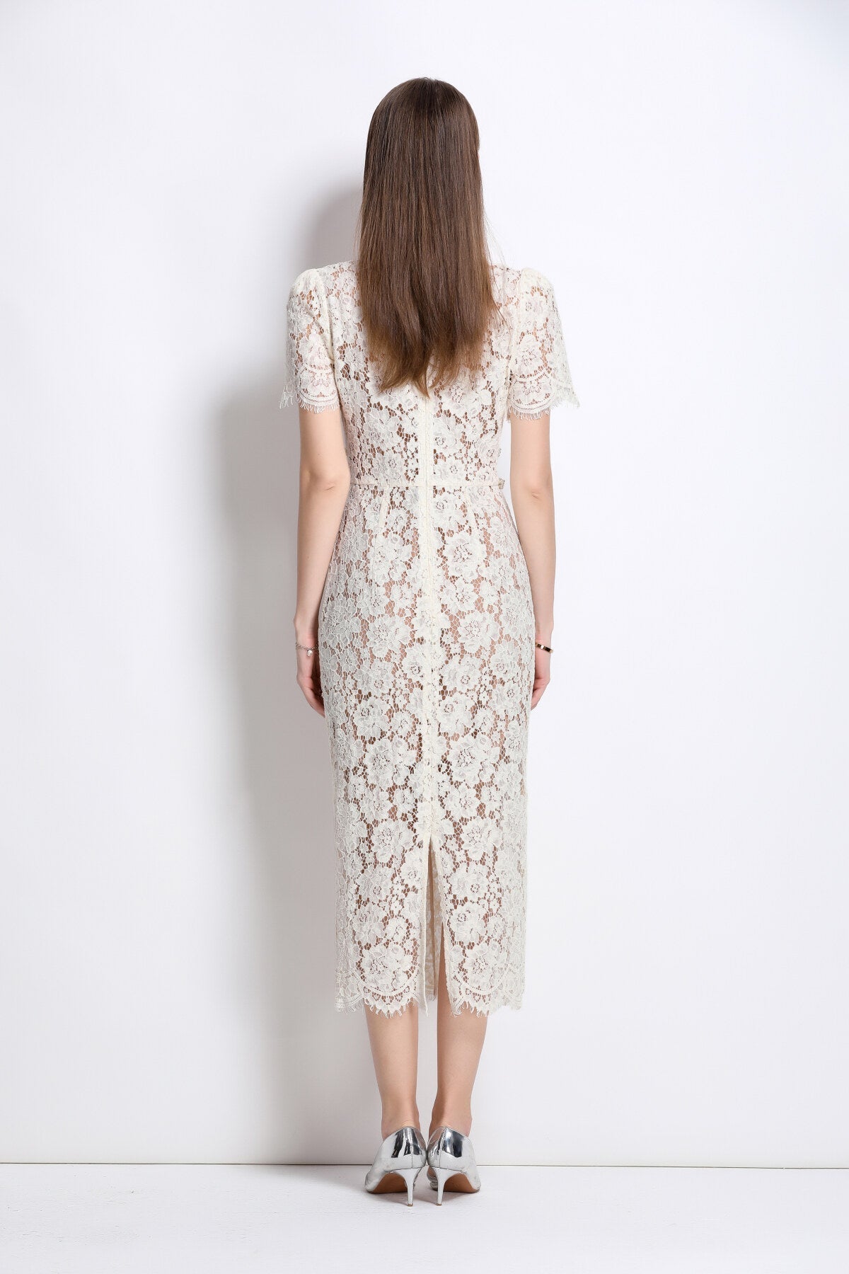 Magnolia White Double Layer Lace Cut Out Pencil Dress-3