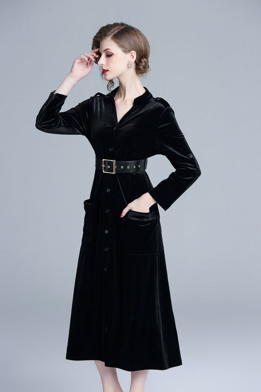 Midnight Black Velvet Long Sleeve Belted Midi Dress-1