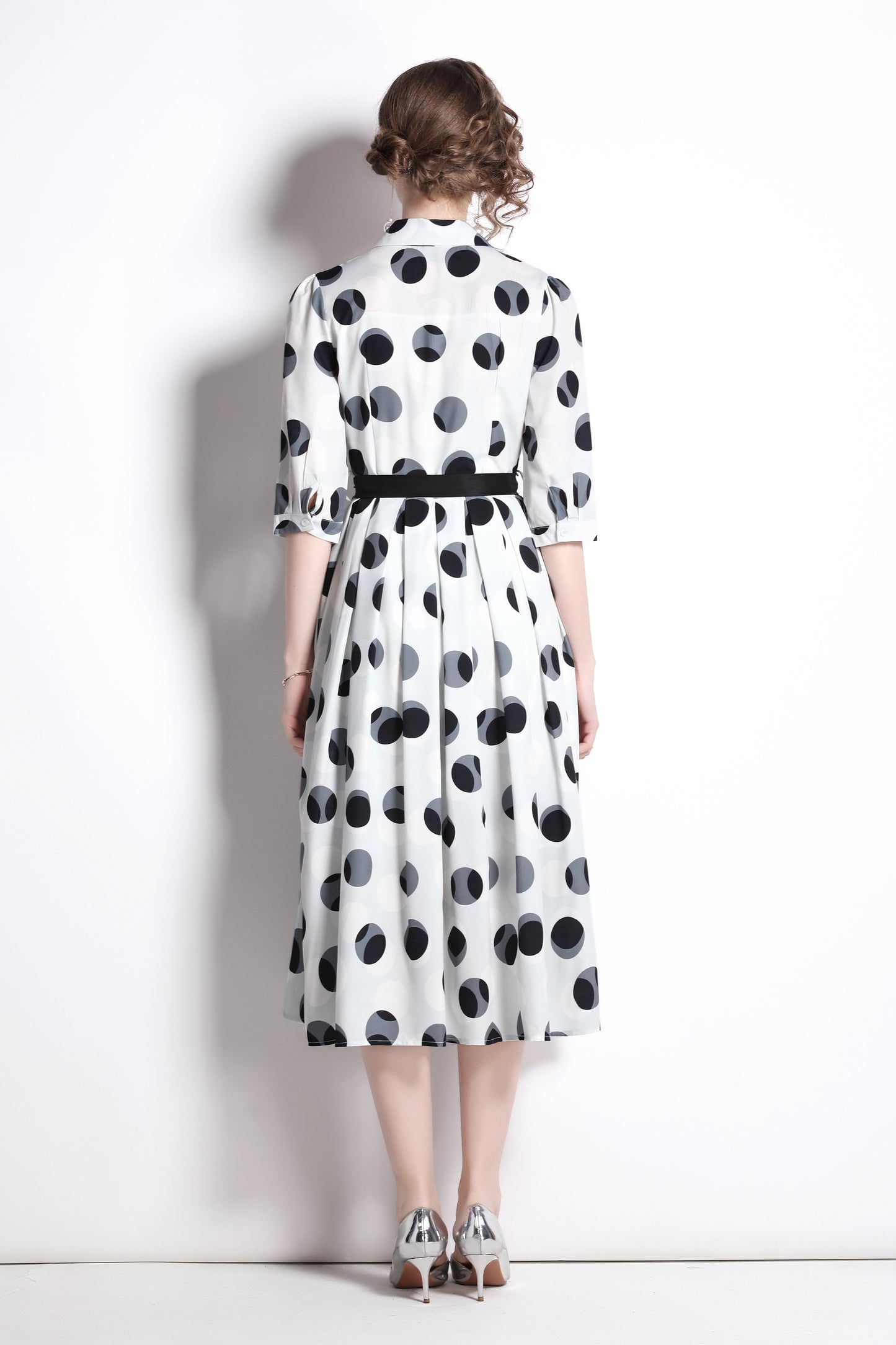 Polka Dot Tie Waist Shirt Dress-3