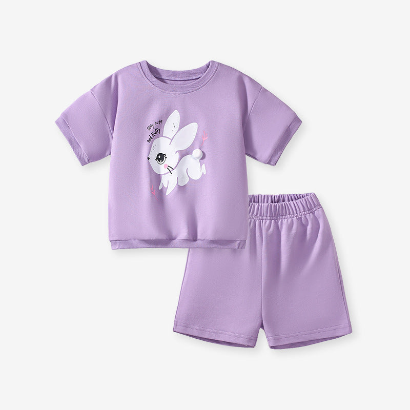 Set of Girls’ Animals Cartoon Pattern Short Sleeves T-shirt and Shorts in European and American Style for Summer