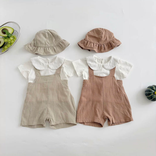 Summer Hot Selling Baby Kids Unisex Sleeveless Simple Plain Strap Rompers Overalls and White T-Shirt Clothing Set