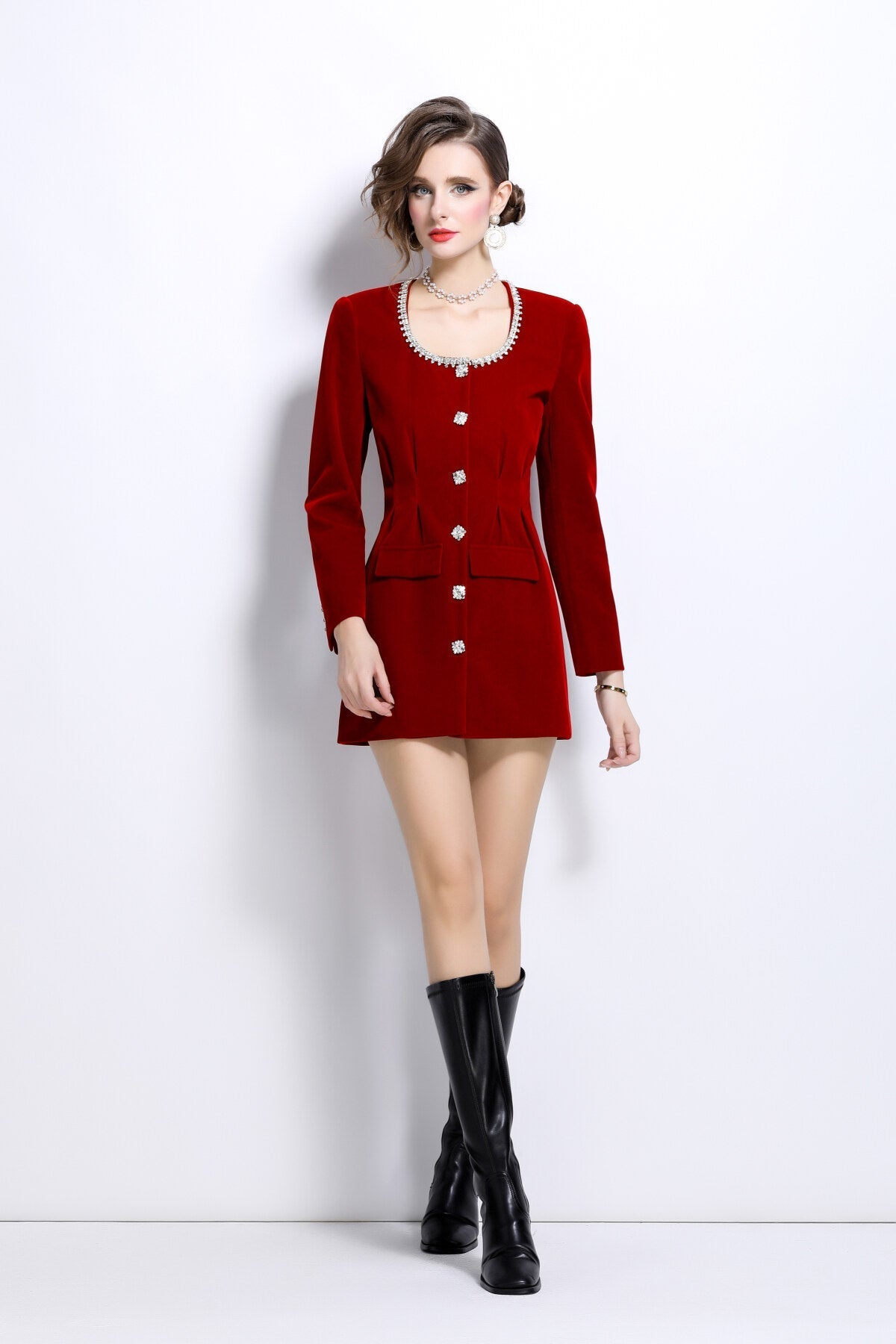 Scoop Neck Button Down Long Sleeve Coat Dress-4