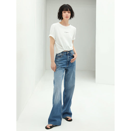 Stone Washed Straight Leg Blue Jeans-1