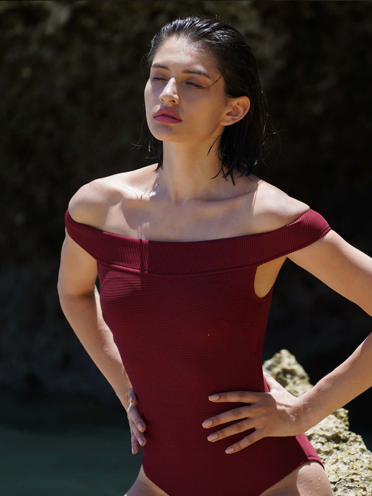 Tummy Control Off Shoulder Swimsuit-5