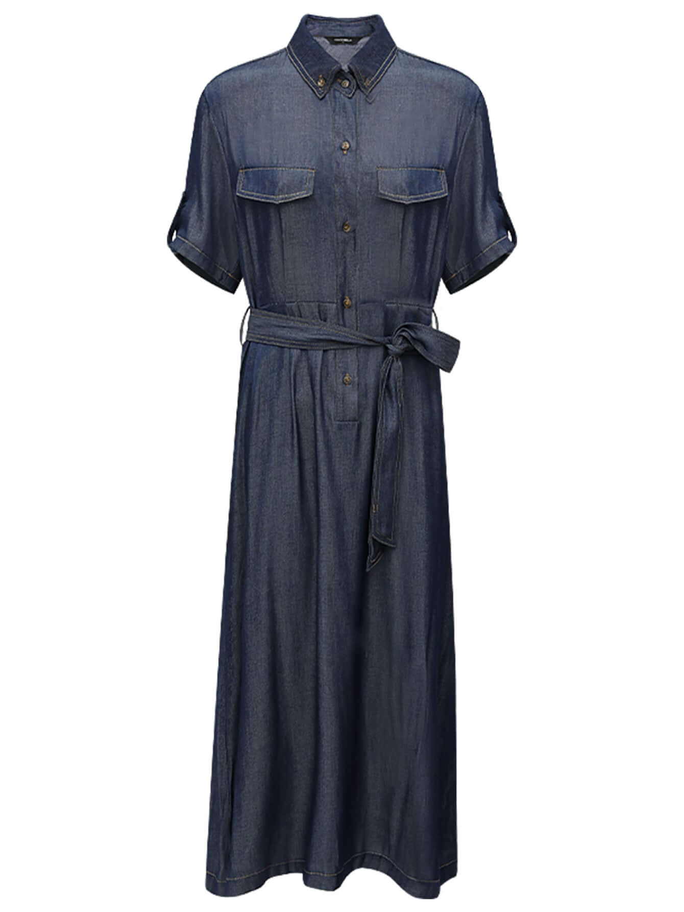 Utilitarian Belted Crêpe Navy Denim Shirt Dress-3