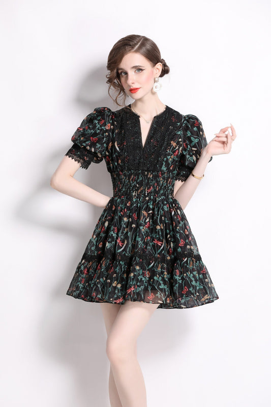 Vintage Floral V Neck Puff Sleeve Tea Dress-1