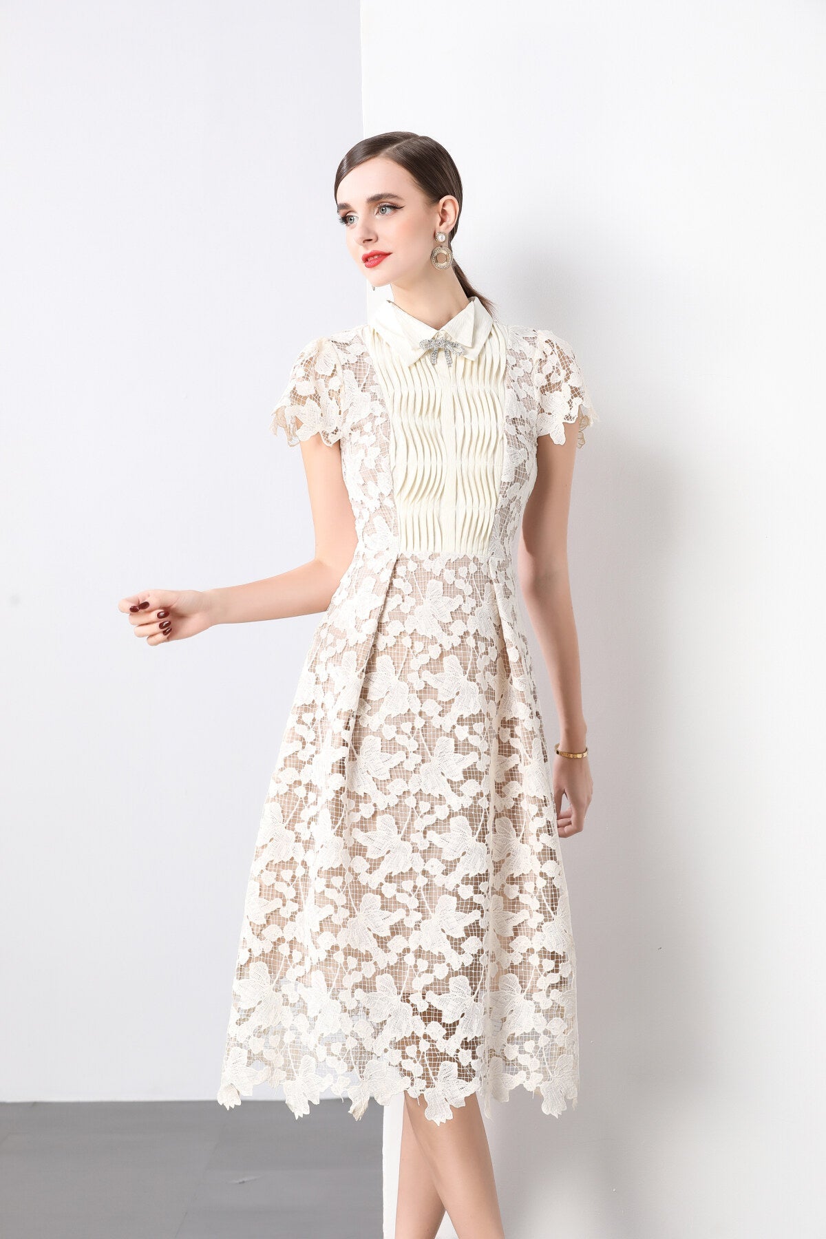 3D Floral Appliqué Bow Tie White Lace Midi Dress-1