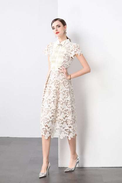 3D Floral Appliqué Bow Tie White Lace Midi Dress-2
