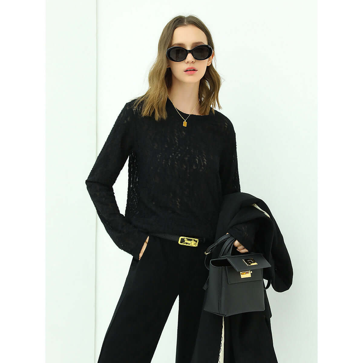 3D Hollow-out Jacquard Black Knit Top-0