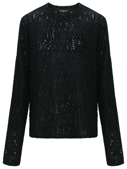 3D Hollow-out Jacquard Black Knit Top-3