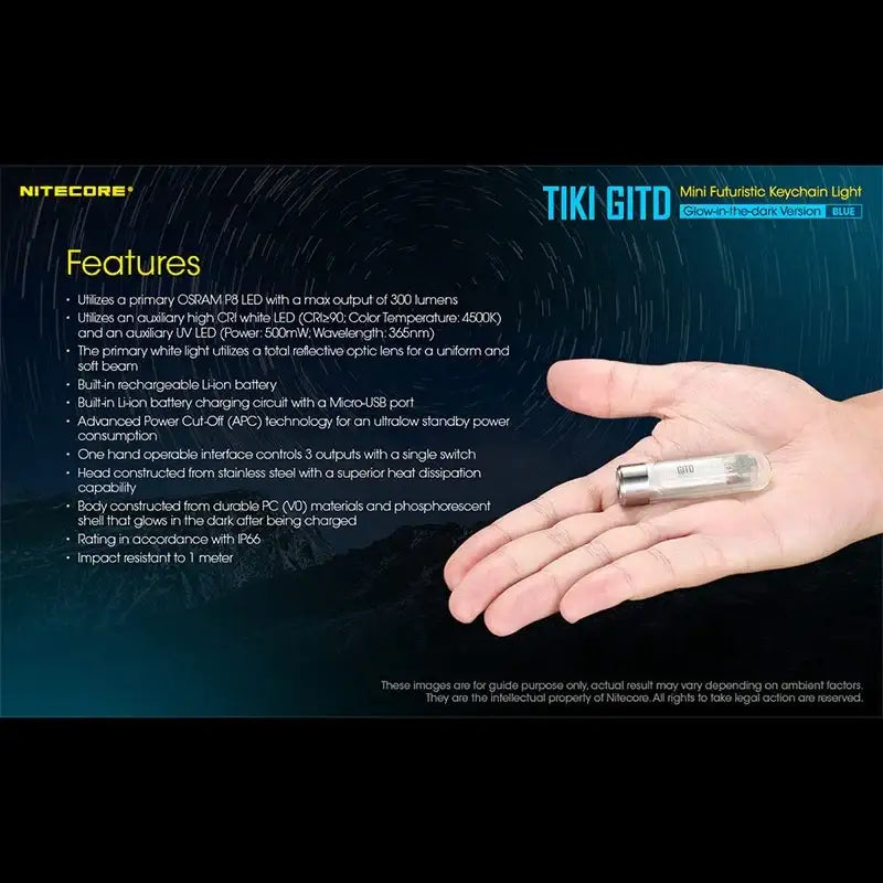 Nitecore TIKI GITD Blue Nyckelringslampa USB-C - 300lm
