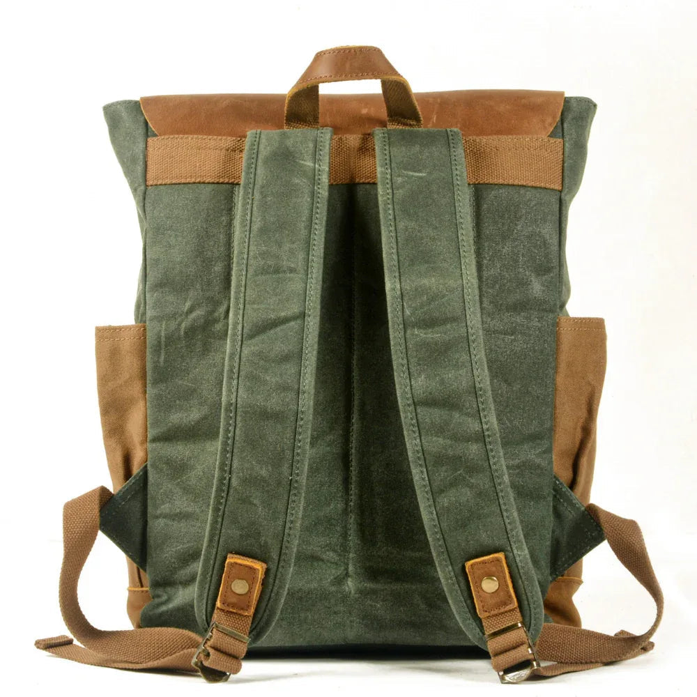 Canvas Stitching Horse Leather Backpack Oil Wax Waterproof Computer Schoolbag