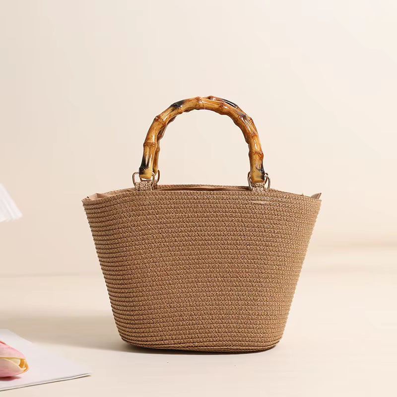 Rymlig Toteväska med Bambuhandtag – Somrig & Stilren Handväska