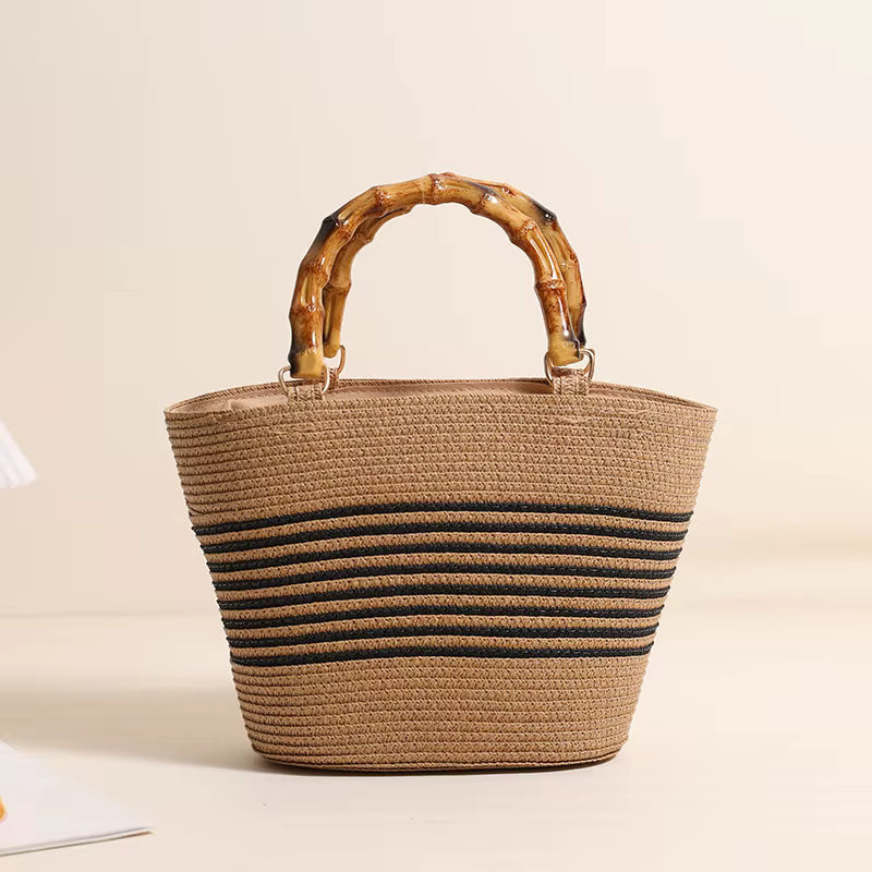 Rymlig Toteväska med Bambuhandtag – Somrig & Stilren Handväska