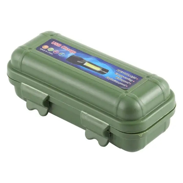 A1 USB-uppladdningsbar vattentät ficklampa med fast fokus, XPE + COB-ljus, 3 ljuslägen och förvaringslåda