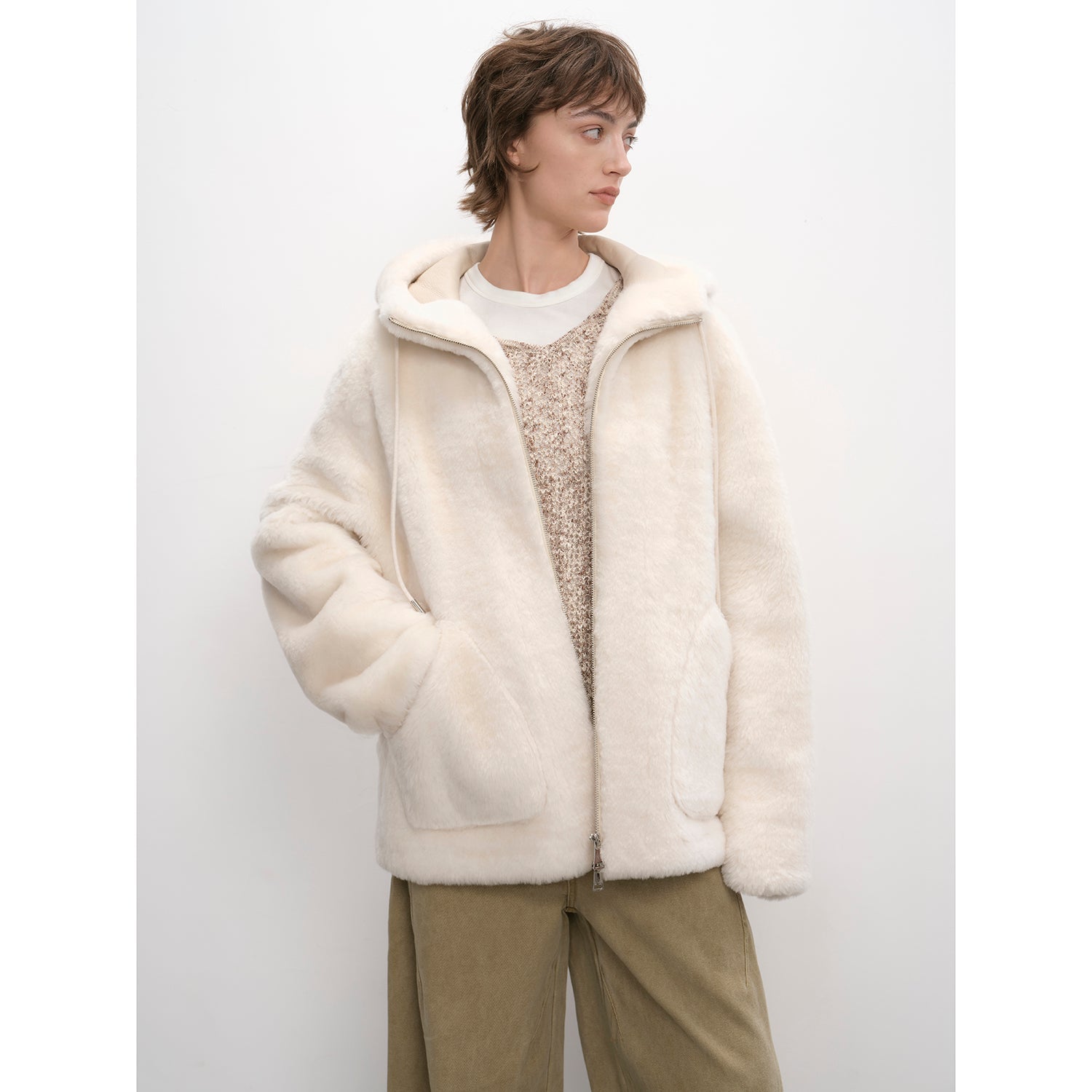 Casual hooded silhouette dropped shoulder wool sheepskin fur coat for women