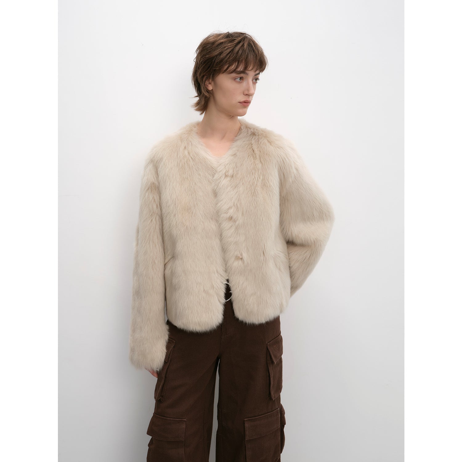"Darcy Manor" imported Tuscan straight wool sheepskin sweetheart collar short fur coat