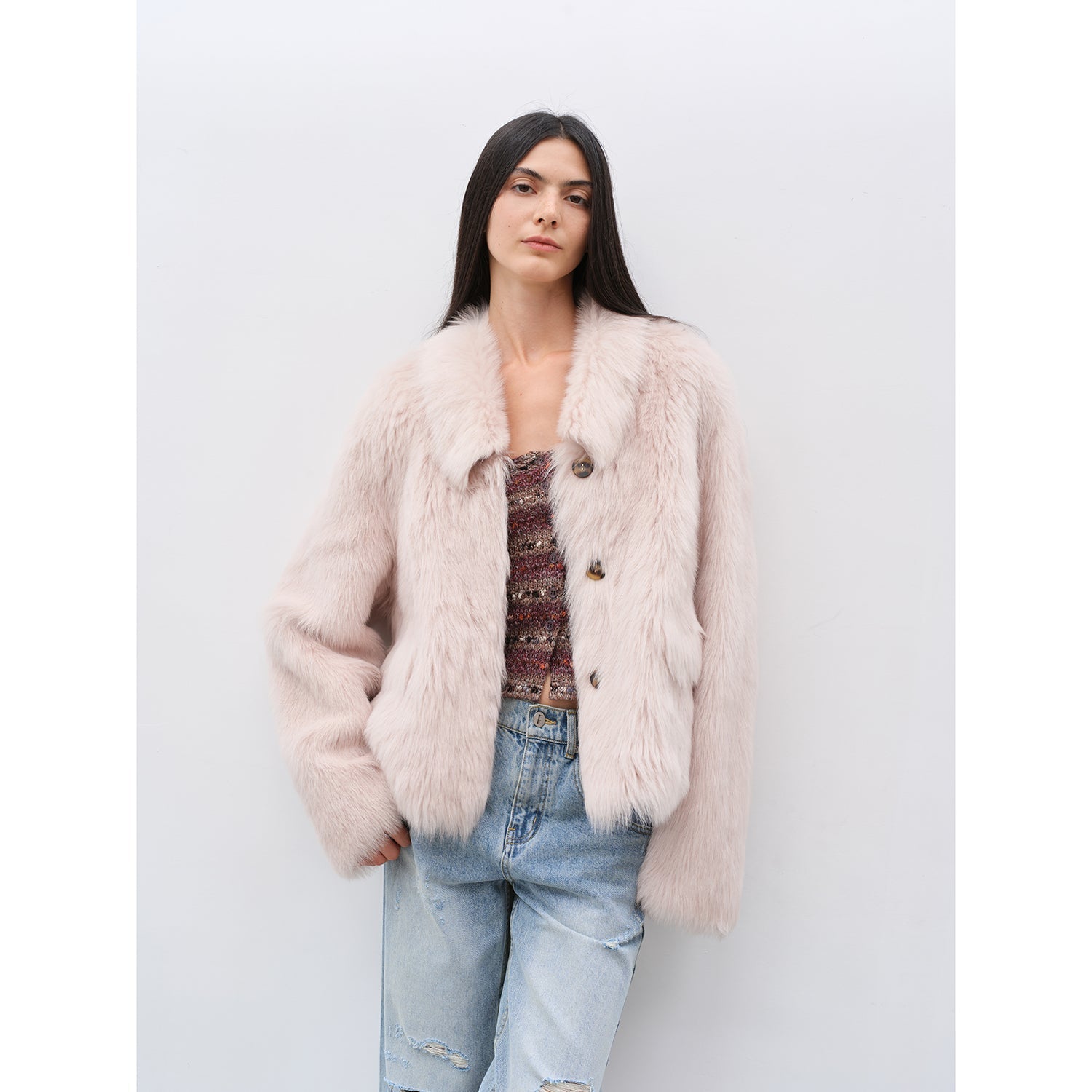 "Dream Walk" long lapel Tuscan wool sheepskin short fur coat for women