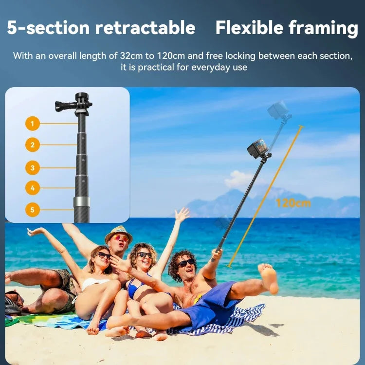 TELESIN 1,2 m Kolfiber Selfie Stick/Einbeinstativ mit 1/4 Zoll-Gänge