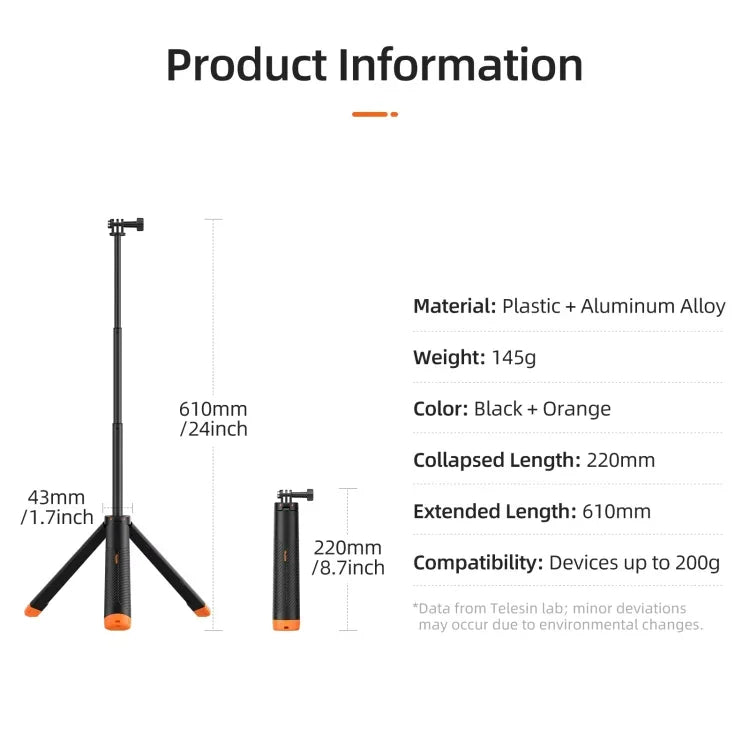 Telesin Flytande Selfiepin-Stativ 220 - 610 mm mit Stativ für GoPro