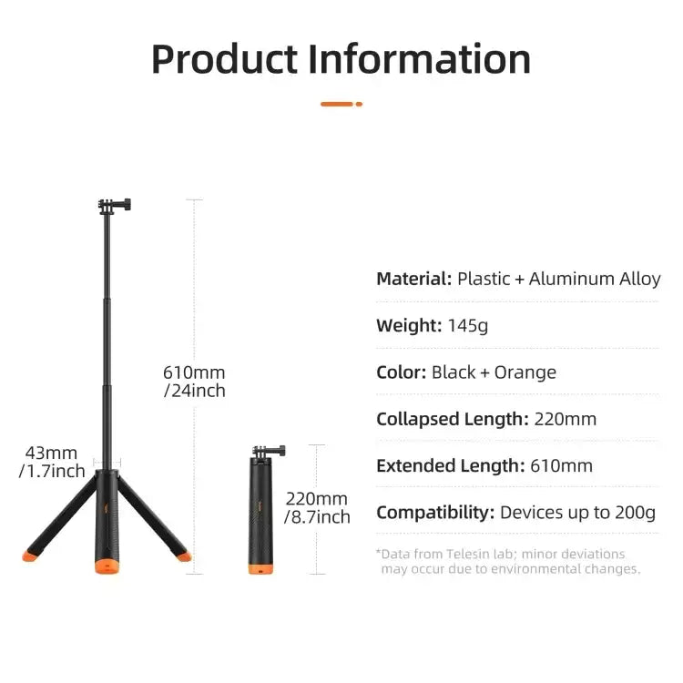 Telesin Flytande Selfiepinne Tripod  220 - 610mm med fäste för GoPro