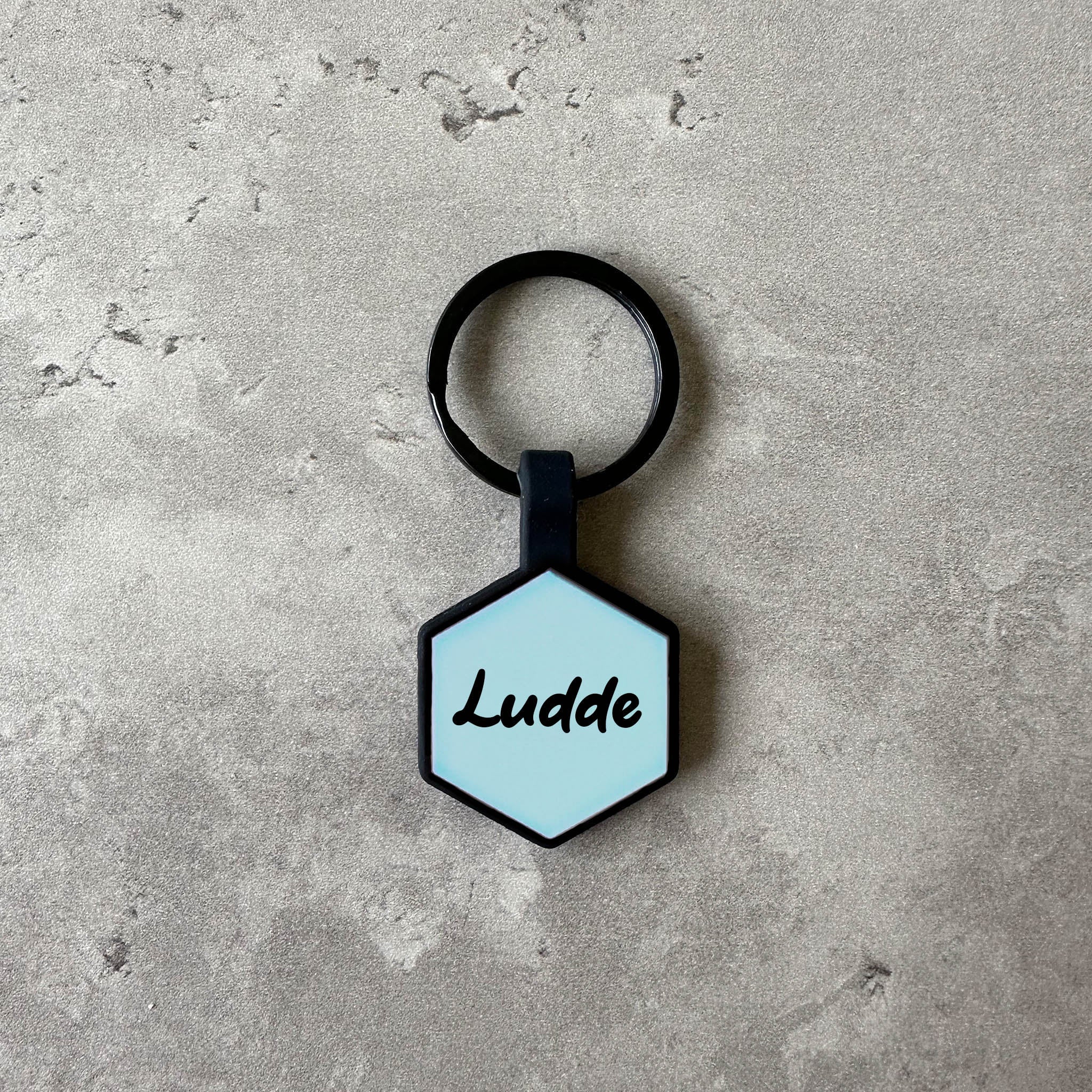 Ljusblå namnbricka bis hund - Typsnitt Tea