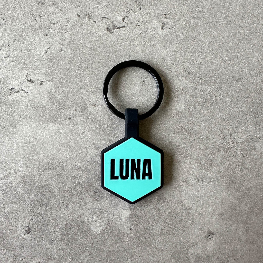 Turkos namnbricka bis hund - Typsnitt Anton