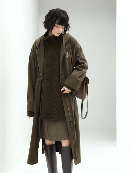 Adjustable Drawstring Brown Hooded Wool Coat Women-1