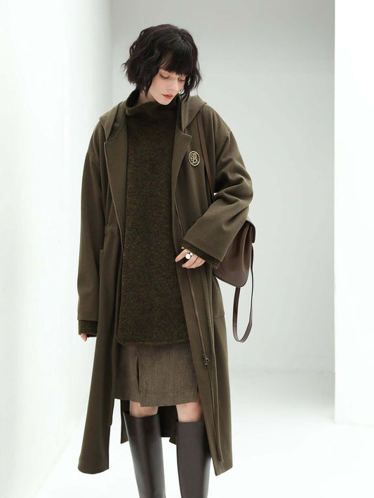 Adjustable Drawstring Brown Hooded Wool Coat Women-1