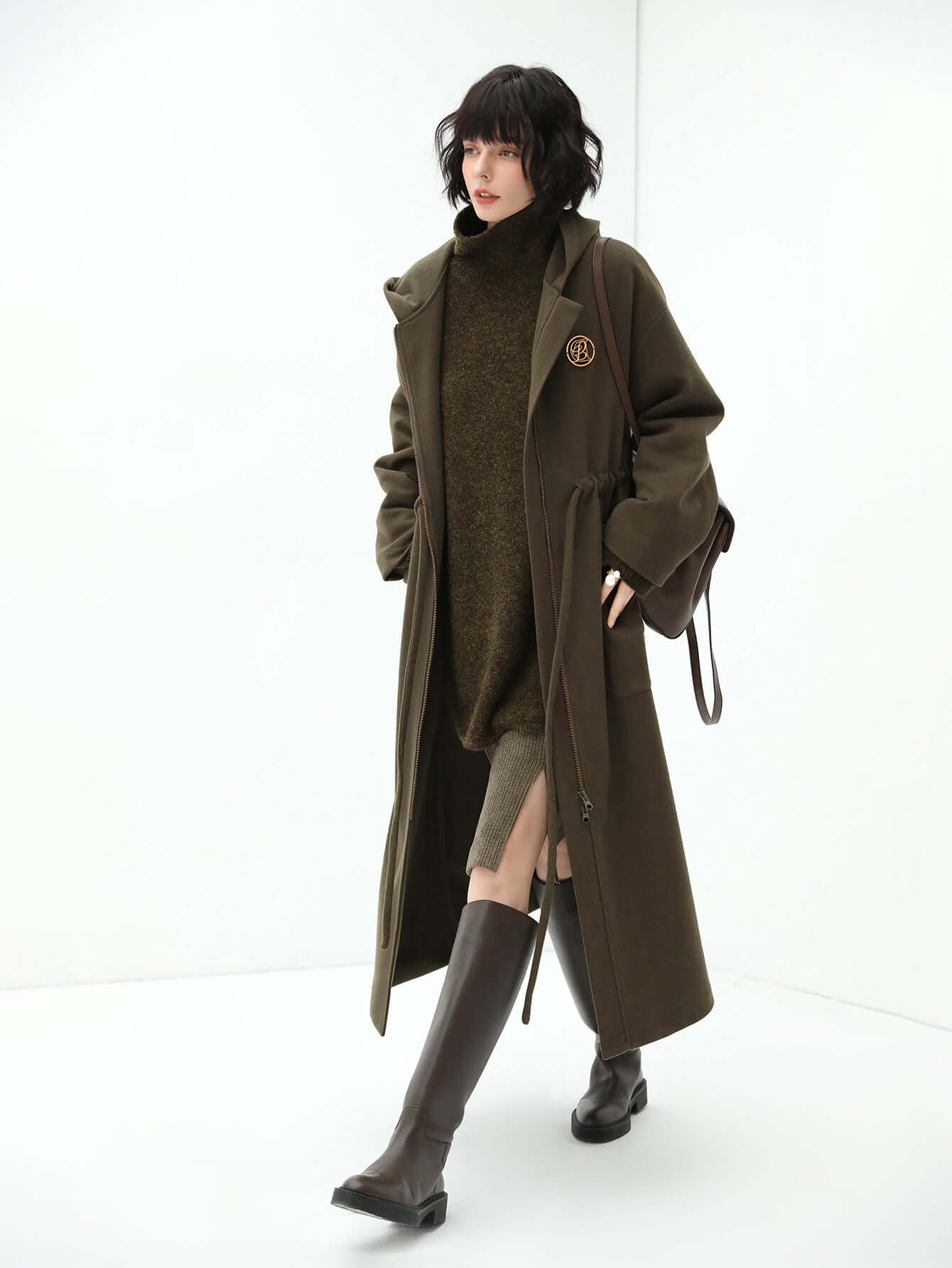 Adjustable Drawstring Brown Hooded Wool Coat Women-2
