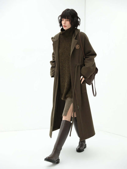 Adjustable Drawstring Brown Hooded Wool Coat Women-2