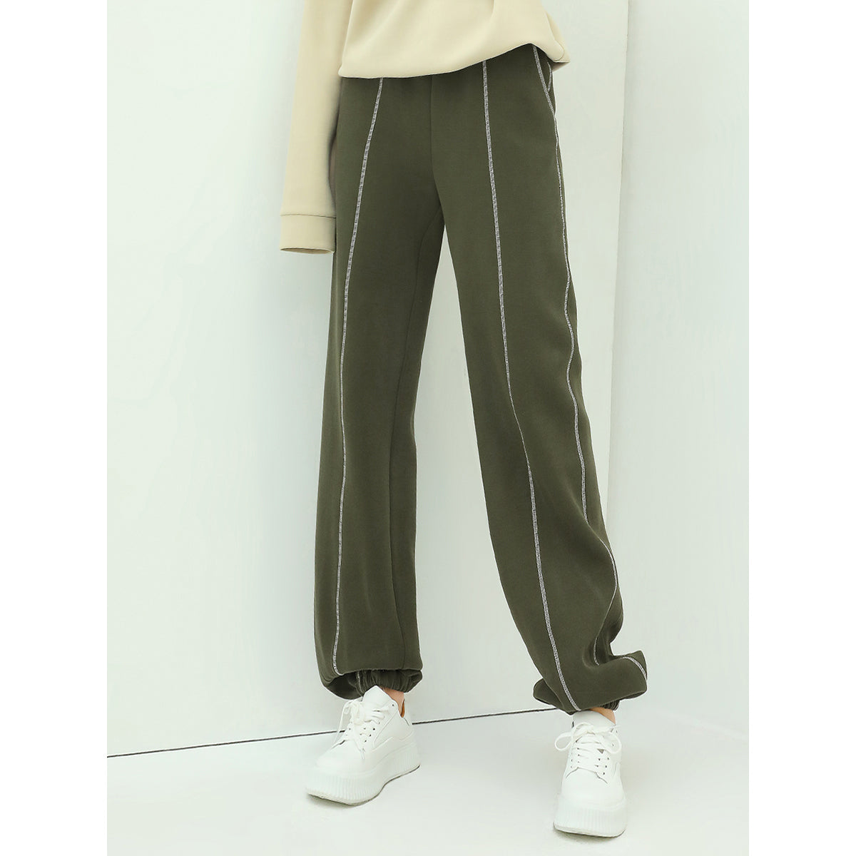 Airy Green Sweater Pants with Contrast Piping Details-0