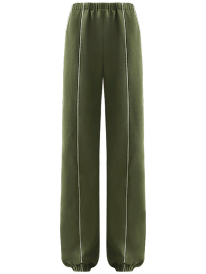 Airy Green Sweater Pants with Contrast Piping Details-4
