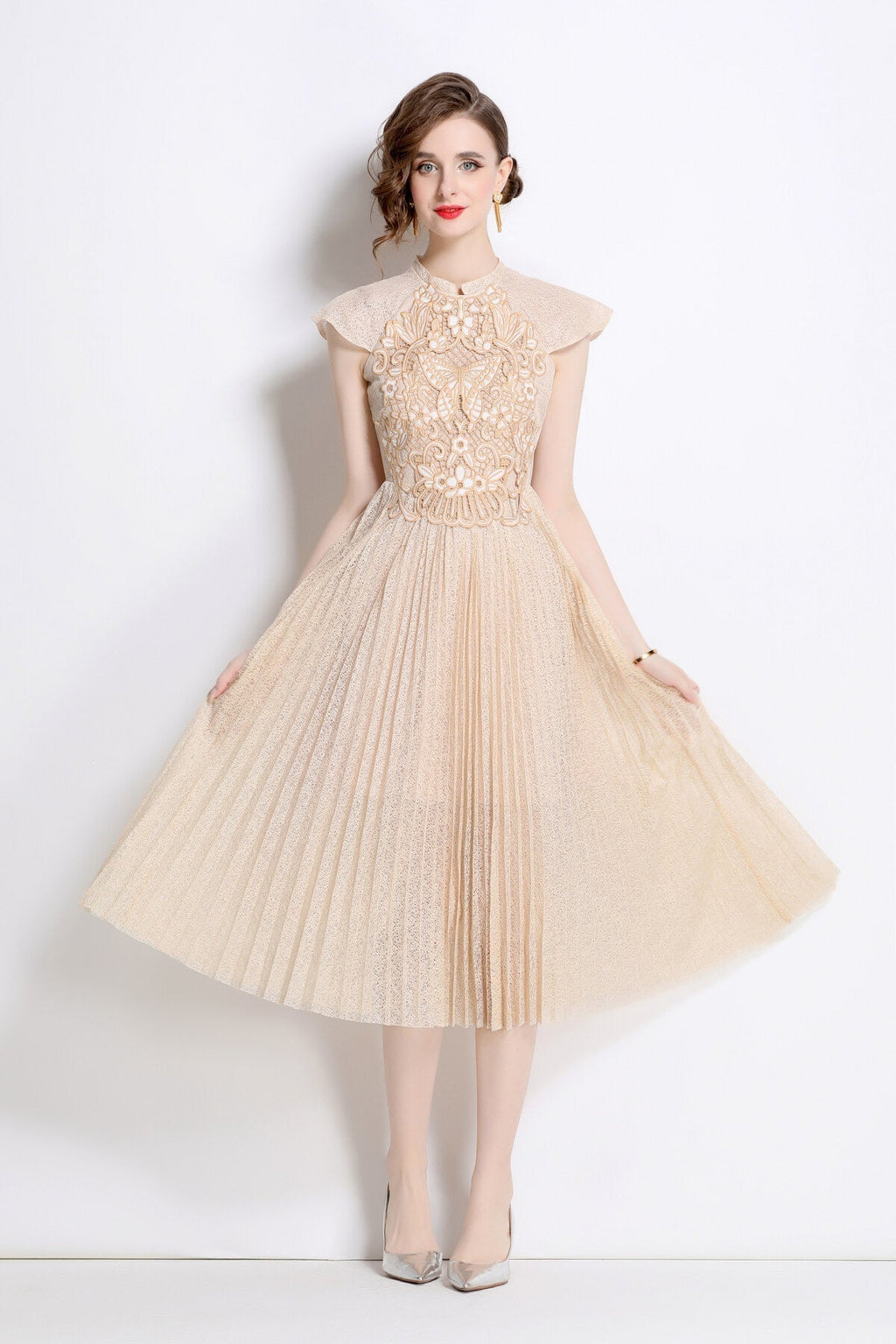 Apricot Lace Embroidered Pleated Midi Dress-2