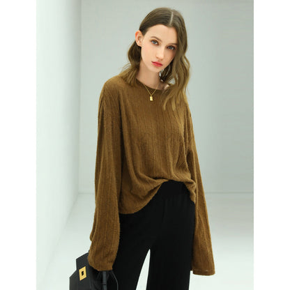 Baggy Trumpet Sleeved Textured Stripe Knit Top-0