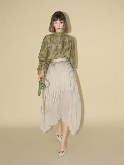 Bamboo Leaf Jacquard Ruffled Long Sleeve Blouse-1