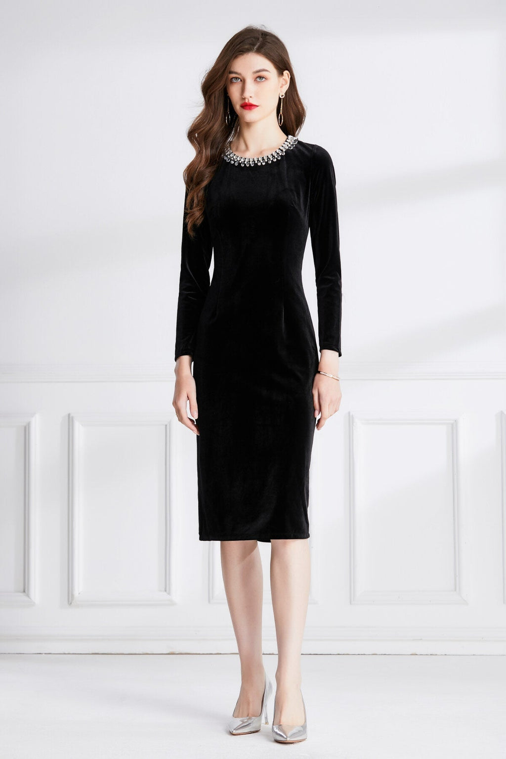 Beaded Vintage High Waist Slit Black Velvet Maxi Dress-0