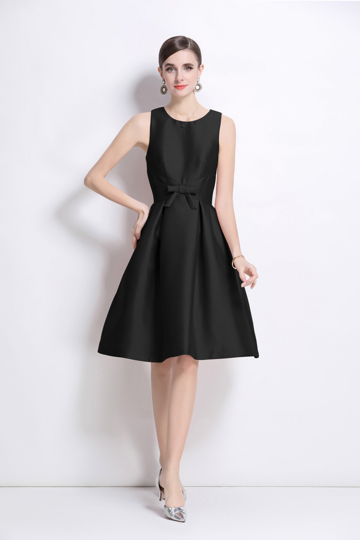 Belted Bowknot Satin Fitted Midi Dress-0