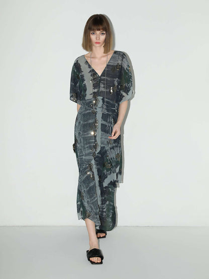 Black and Grey Tie-Dye Print Chiffon Dress-2