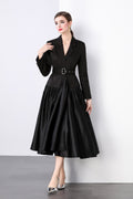 Black Belted Blazer Flared Midi Dress-0