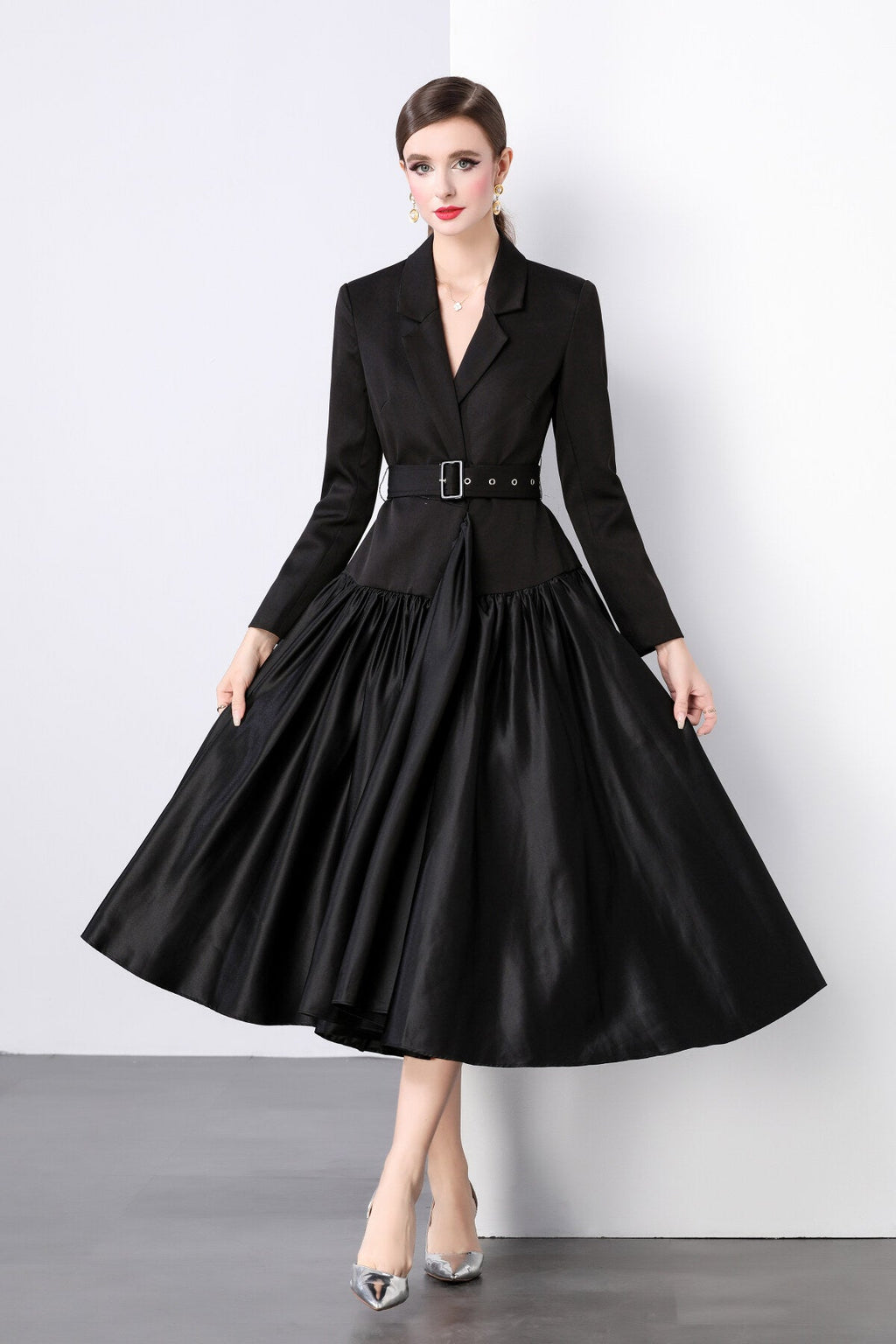 Black Belted Blazer Flared Midi Dress-2