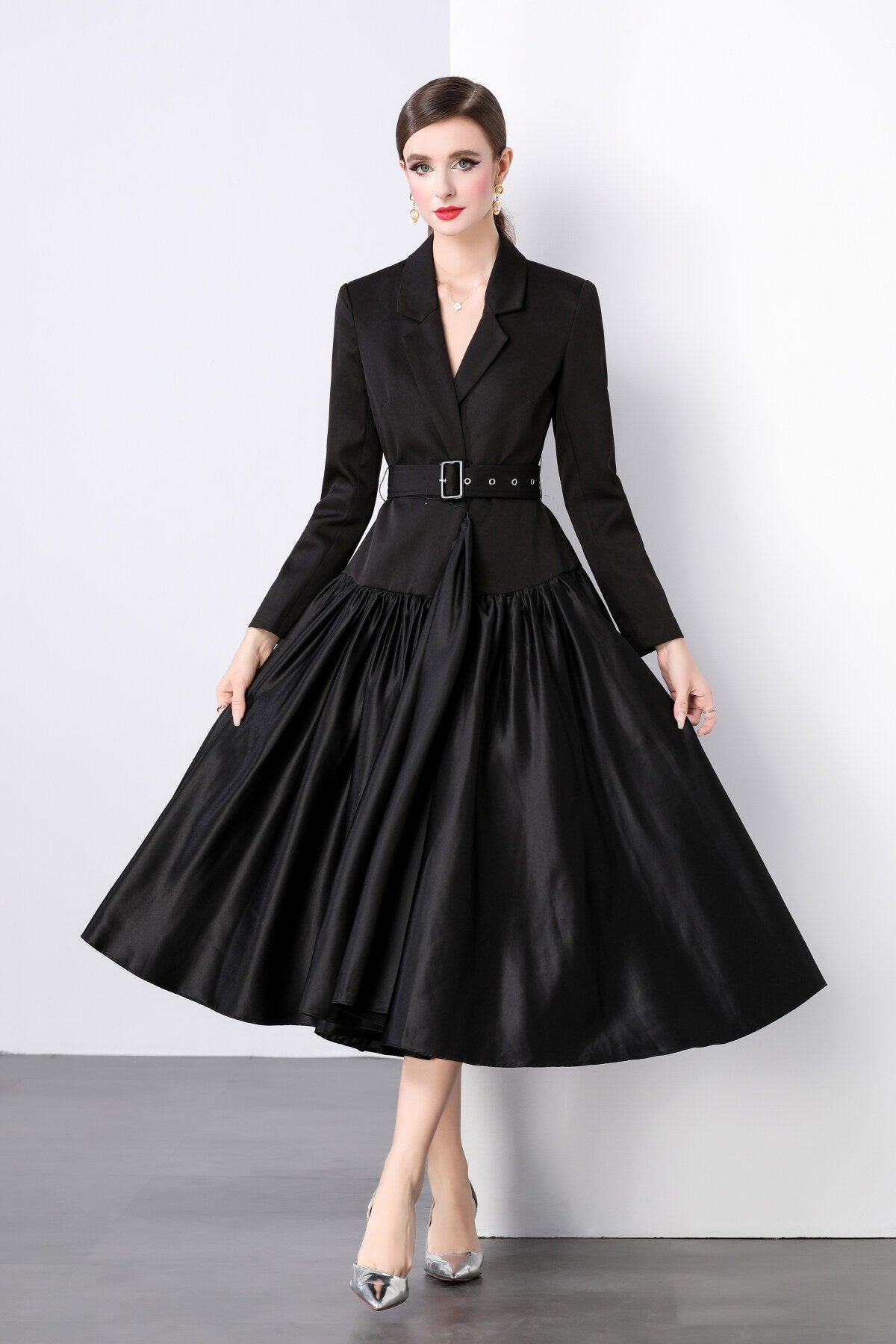 Black Belted Blazer Flared Midi Dress-2