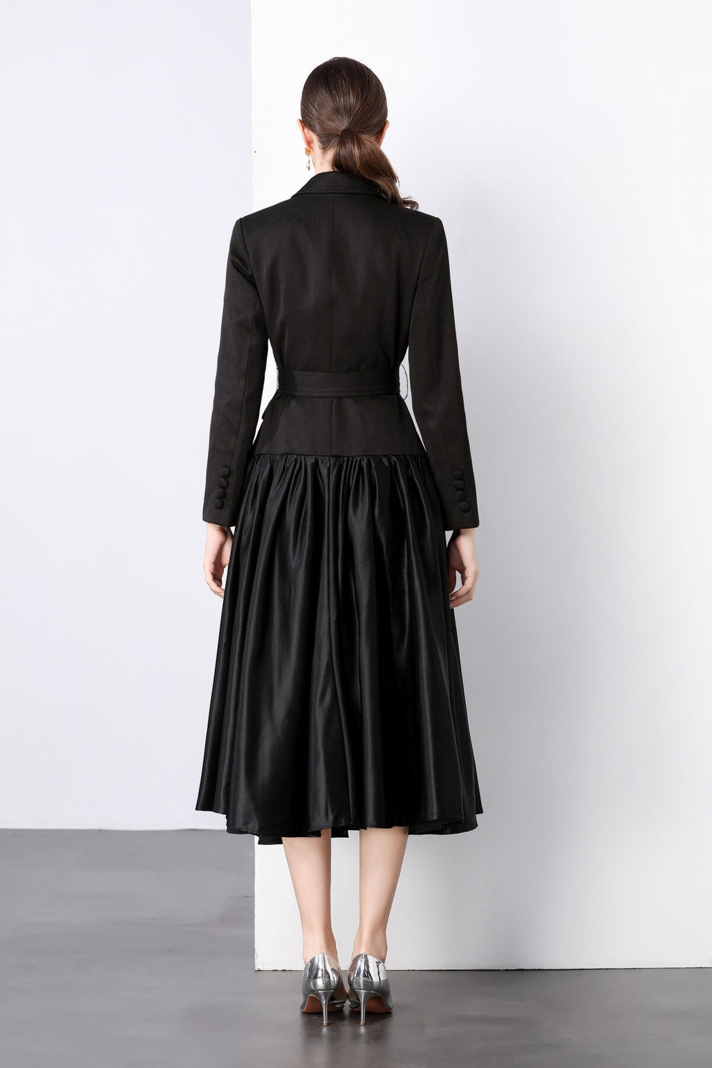 Black Belted Blazer Flared Midi Dress-3